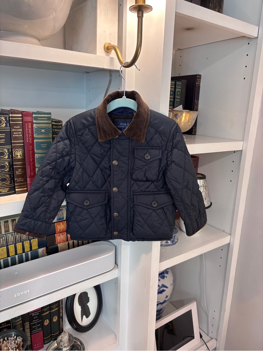 Polo by Ralph Lauren Navy Quilted Kids Barn Jacket with Brown Corduroy Collar